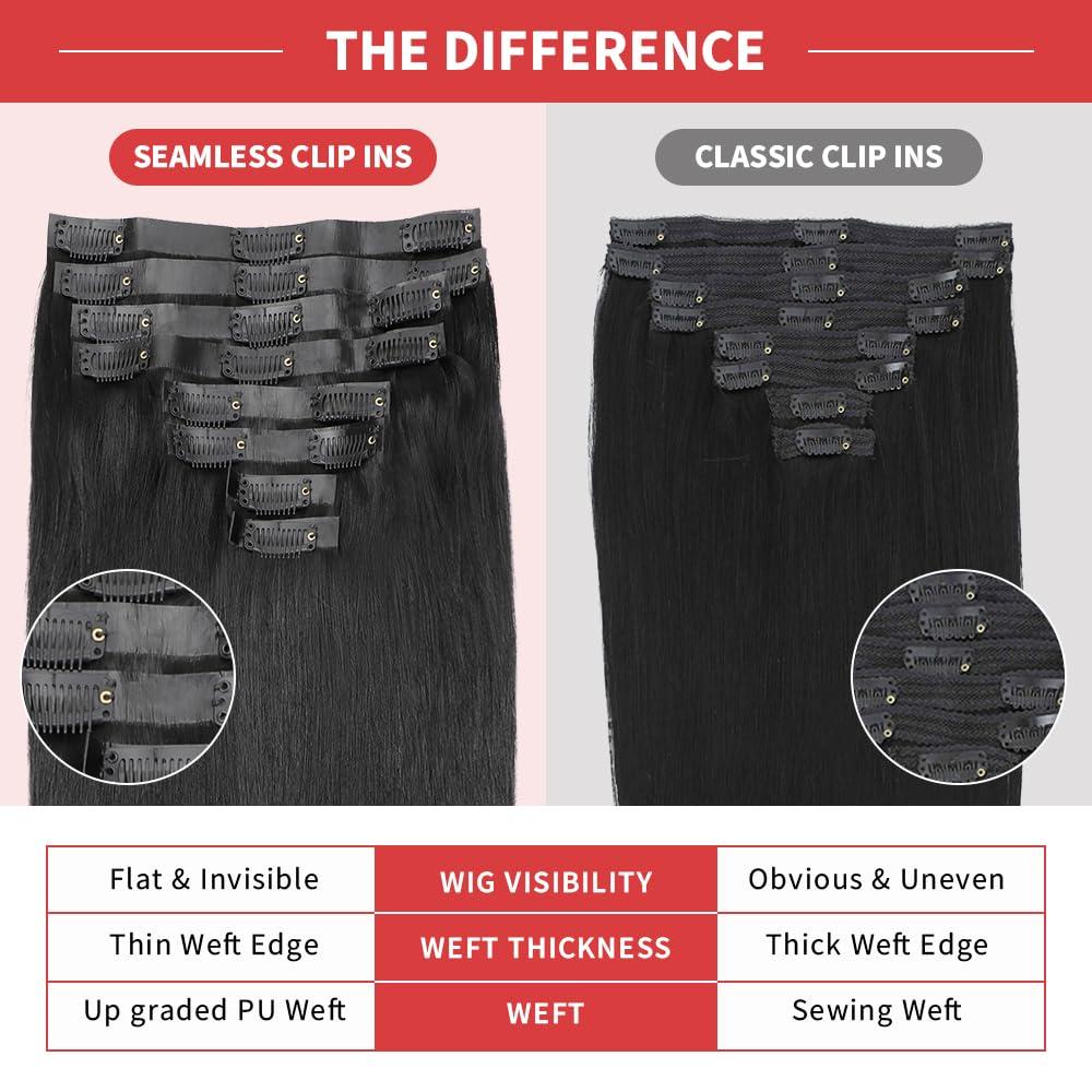 Tahikie Seamless Clip in Hair Extensions Real Human Hair Full Head Natural Black PU Seamless Hair Extensions Straight 8pcs 120g Clip ins 100% Remy Human Hair Extensions For Women (26 inch, 1B)