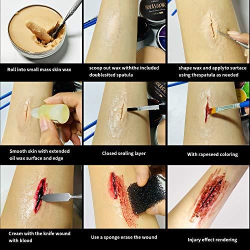 Afflano Special Effects FX Halloween Makeup Set,Afflano Nose & Scar Wax 60g+Coagulated Blood+Stipple Sponge*3+Spatula+Skin Wax Extension Oil,Festival Stage Theatrical Wound Modeling Scar-for Black Skin-12 Kit
