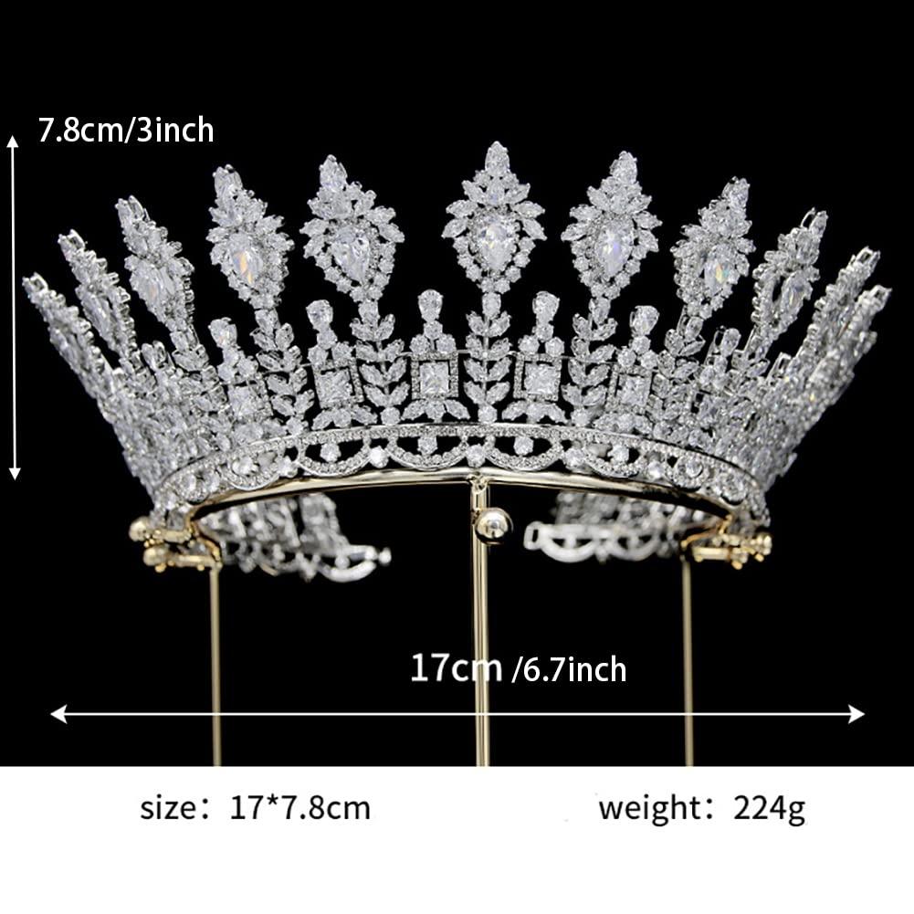 QXMYOO Luxury Round Wedding Crowns for Women Silver Cubic Zirconia Big Queen Tiaras Full Pageant Crowns Hair Accessories for Bride