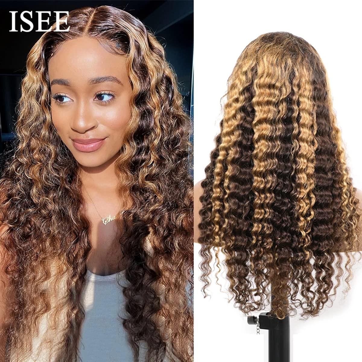 ISEE ISEE Hair Transparent Lace Front Wigs Human Hair Deep Wave Wigs 150% Density Deep Curly 13X4 Lace Frontal Human Hair Wigs for Black Women Pre Plucked with Baby Hair(32 Inches)