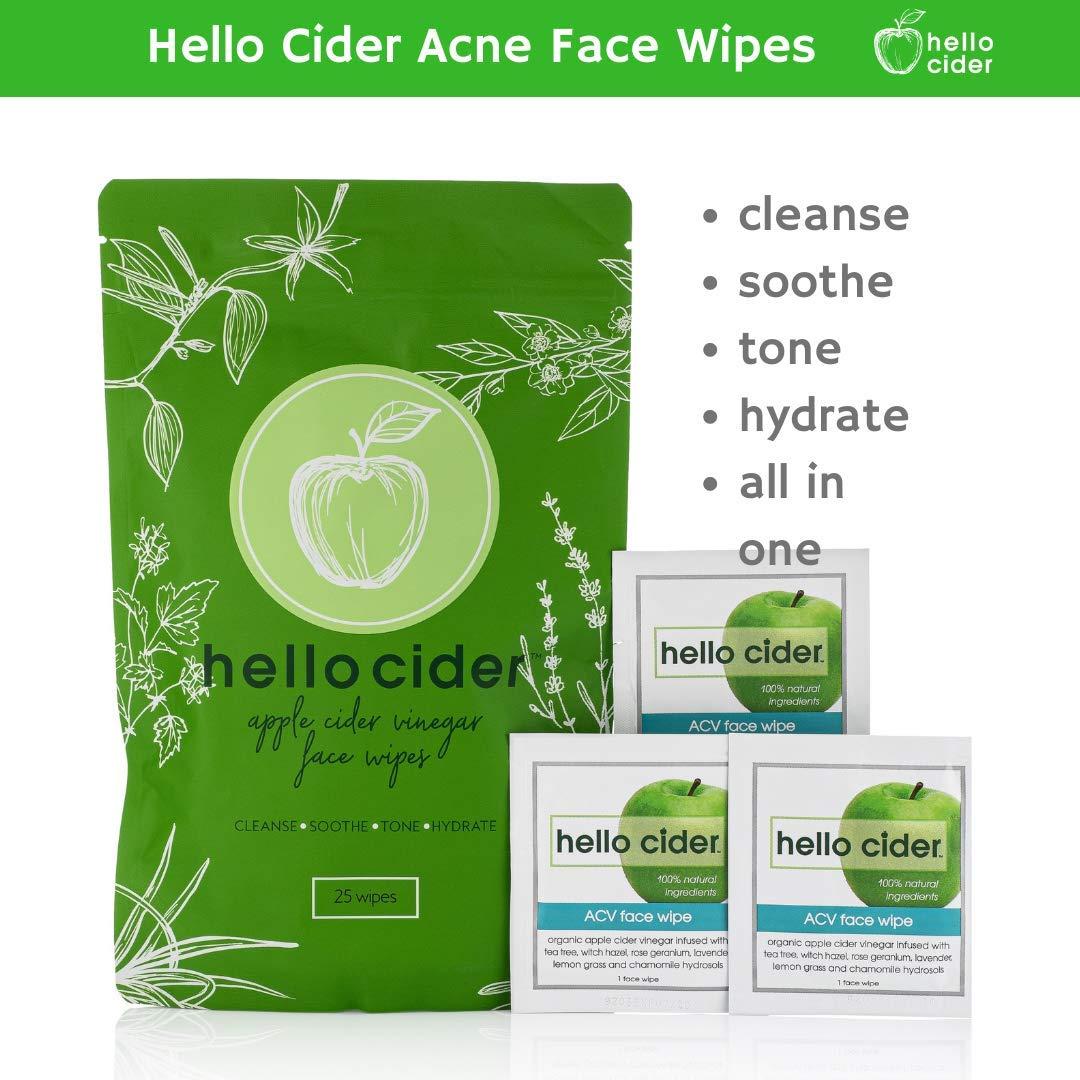 Hello Cider Apple Cider Vinegar Acne Face Wipes-Organic TeaTree, Rose, Chamomile, Witch Hazel.Oil free. Reduce Blemish & Acne. Tone,Restore, Sooth, Balance pH. Dry, Normal, Sensitive Skin. 25ct. USA Hello Cider