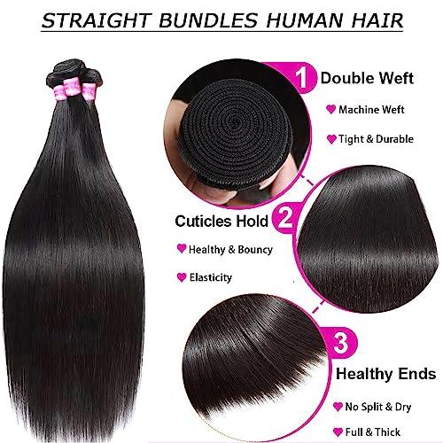 PINJUOO Pinjuoo Peruvian Hair Bundles 14 16 18 20 Inch 4 Straight Bundles Human Hair 100% Unprocessed Raw Virgin Hair Bundles Weave Natural Black Bundles Human Hair Extensions for Women