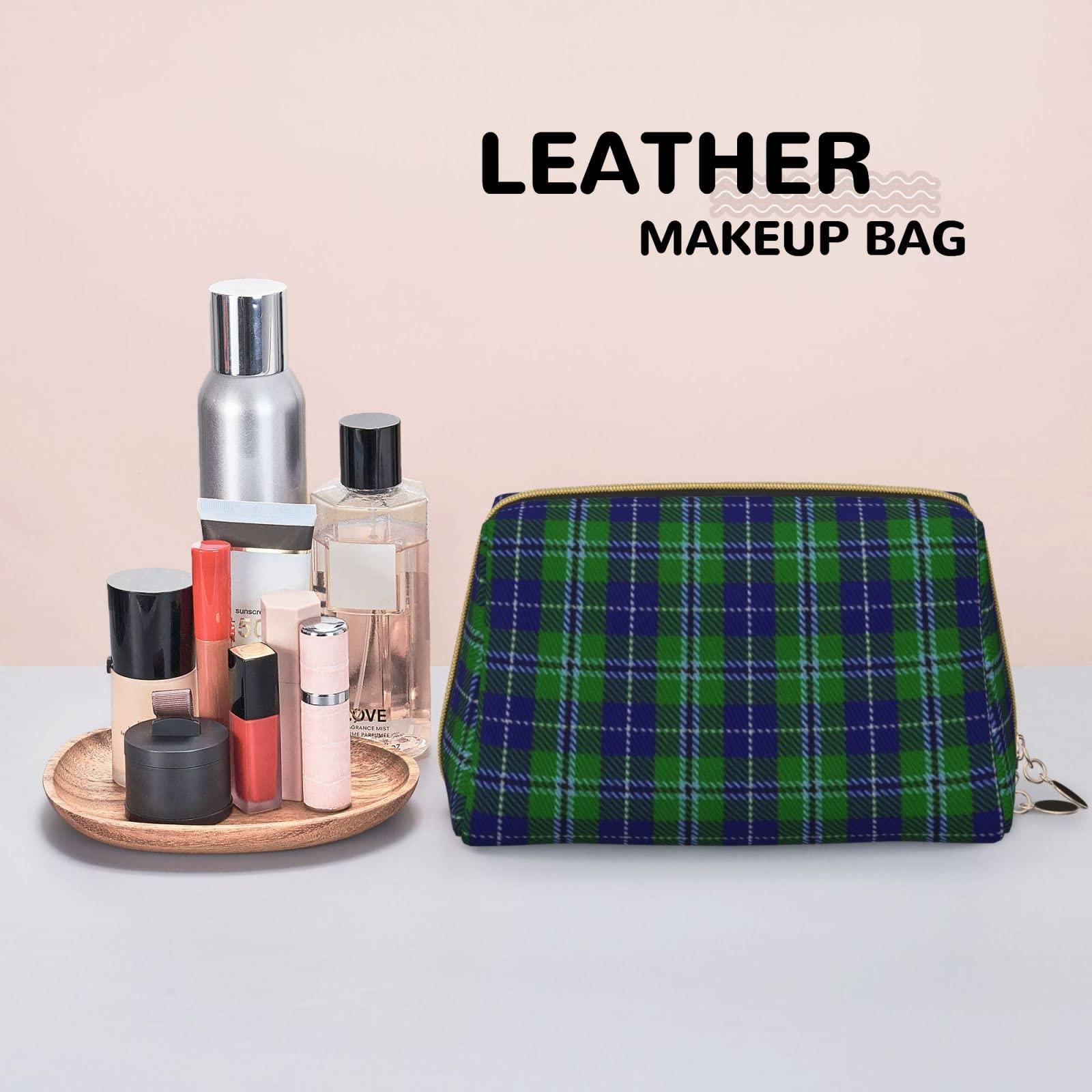 MIZIBAO Small Makeup Bag for Purse, Clan Douglas Tartan Plaid PU Leather Travel Cosmetic Pouch, Portable Toiletry Bag for Women Girls Daily Storage Organizer