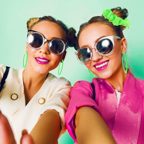 Lusofie 4 Pack 80s Neon Hair Scrunchies,Green Neon Earrings & Elastic Hair Scrunchy Set, Large Neon Scrunchies & Circle Style Earrings for Women Girl Halloween Party Decorations (Fluorescent Green)
