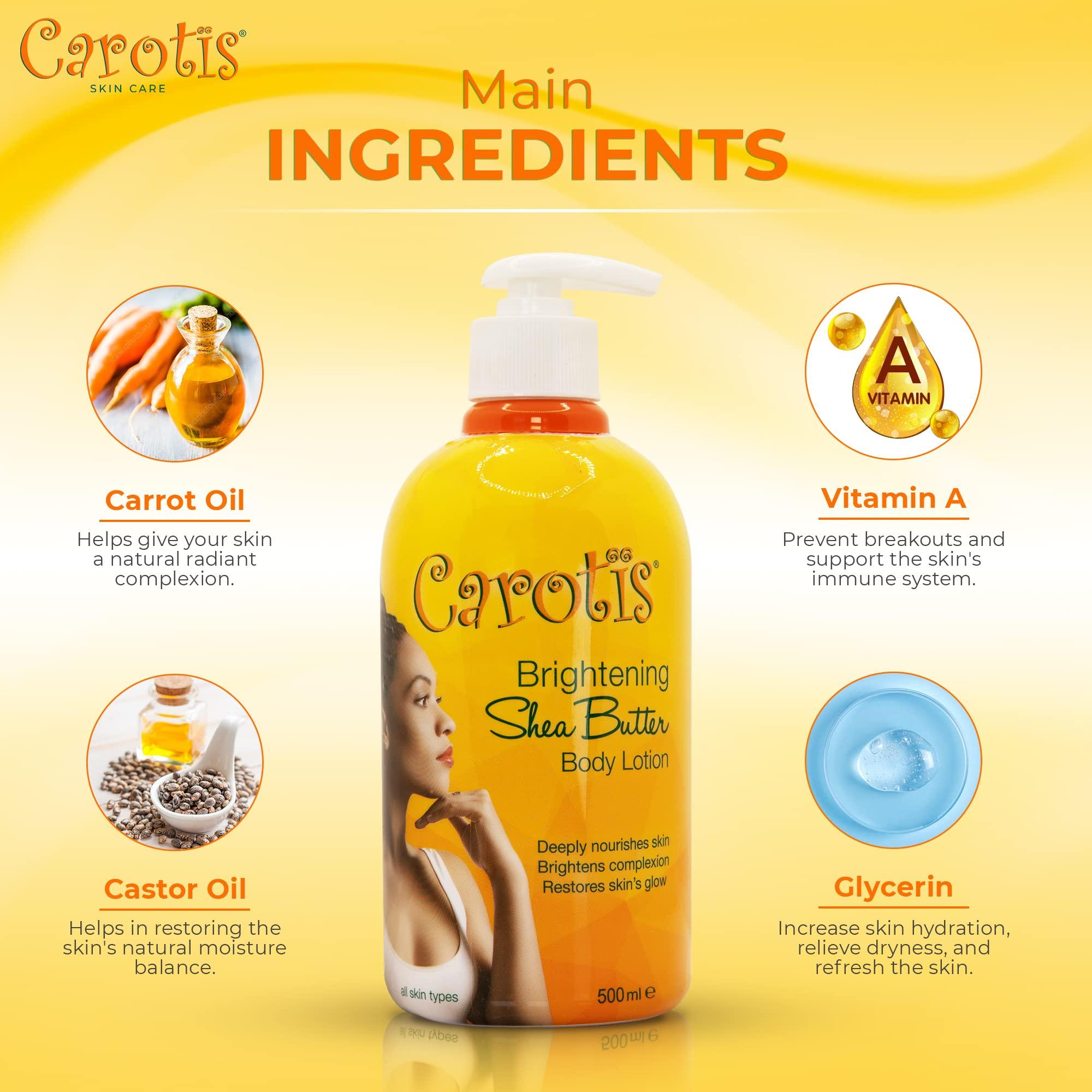 CAROTÏS CAROTS, Skin Brightening Body Lotion 17.6 fl oz / 500ml Helps to Remove Dark Spots, with Shea Butter, Arbutin Complex and Vitamin A
