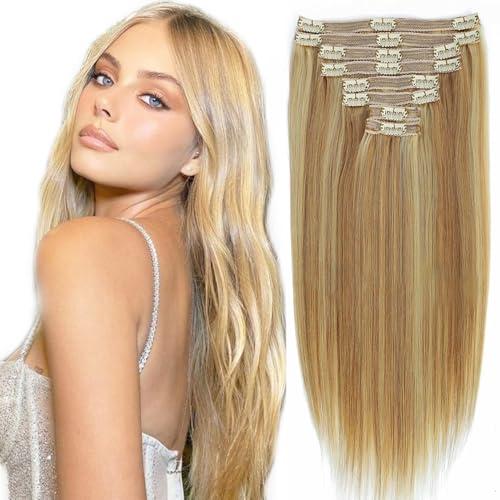 Tahikie Human Hair Clip in Extensions Dark Blonde Highlighted Bleach Blond Full Head Silky Straight Clip in Natural Remy Human Hair Extensions 120g 8pcs (22 inch, 18/613)