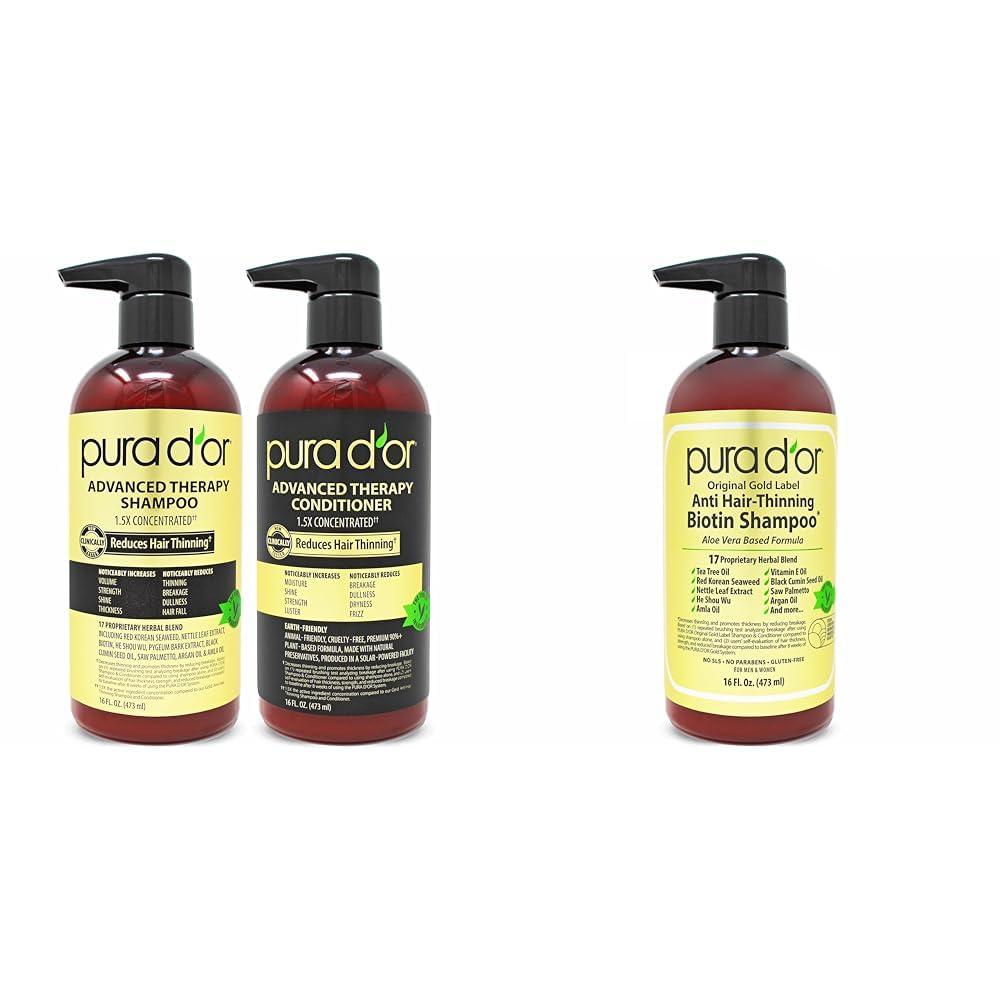 PURA D\'OR PURA D\'OR Anti-Thinning Advanced Therapy Biotin Shampoo & Conditioner Hair Care Set & Original Gold Label Anti-Thinning Biotin Shampoo Natural Earthy Scent