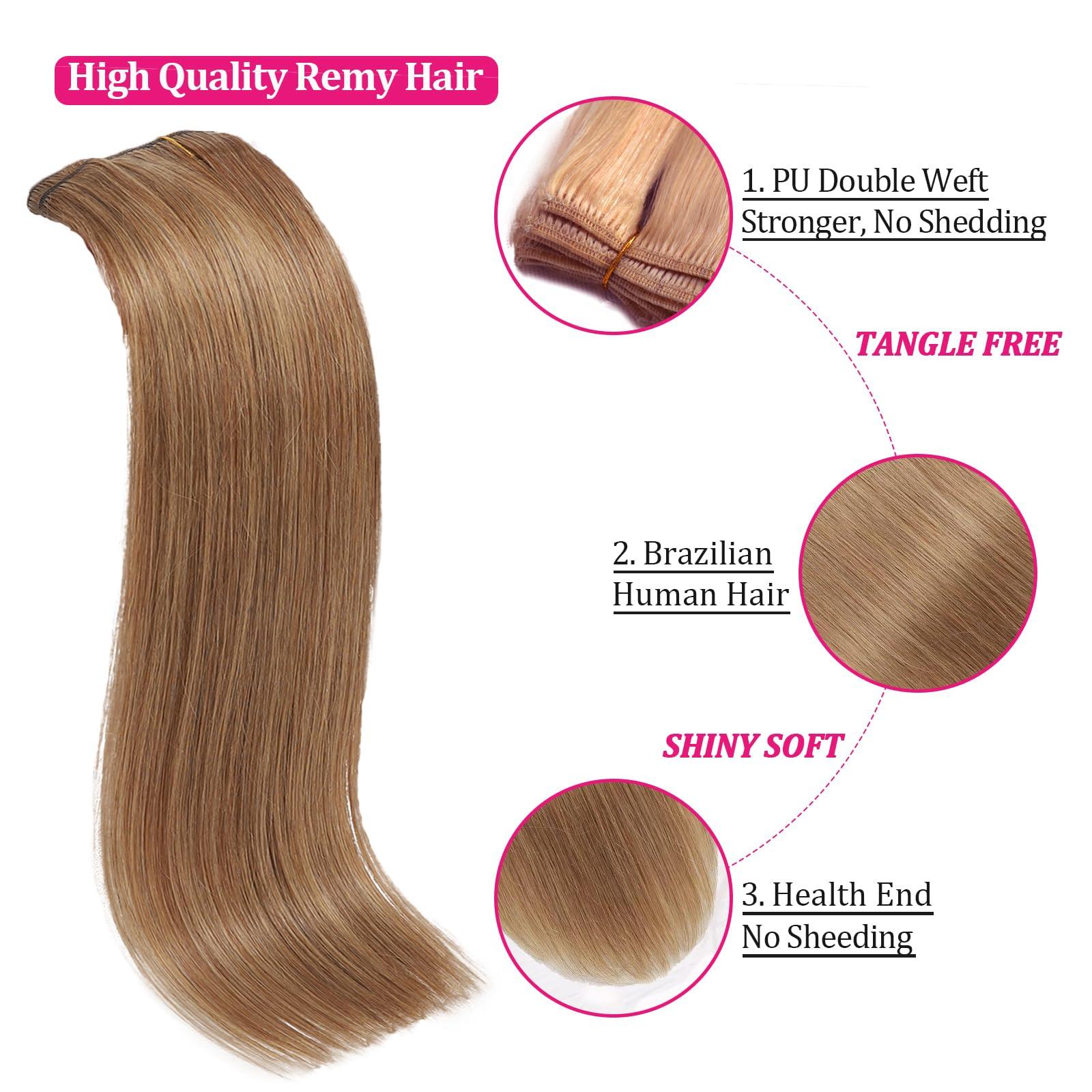 FZV Honey Blonde Clip in Hair Extensions Real Human Hair Clip Ins 110g 100% Human Hair Extension for Women 8pcs/set with 18clips Clip on Hair Extensions Double Weft Blonde Hair(16 Inch #27)