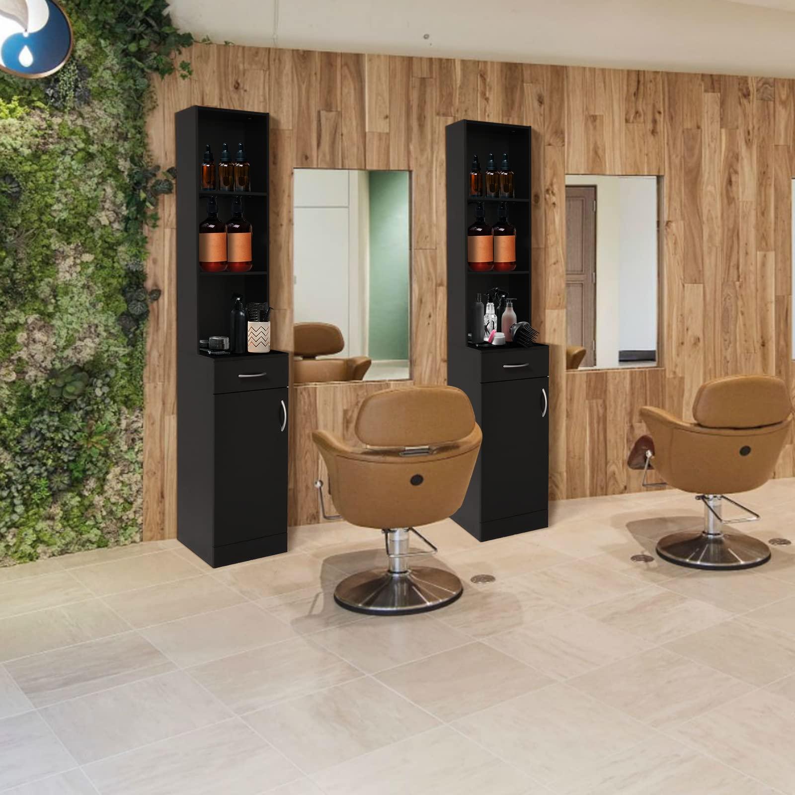 OmySalon OmySalon Salon Hair Styling Station, Barber Storage Cabinet, Salon Equipement with 5 Compartments, 1 Drawer, 1 Door (Black)