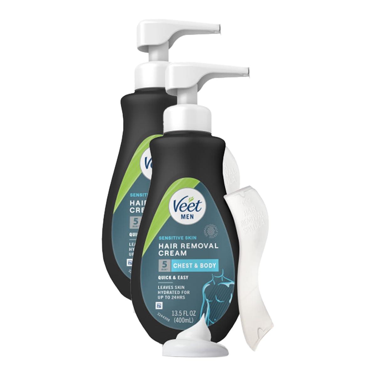 Veet Veet Sensitive Skin Dermatologically Tested 13.5 Fl Oz. 5 Min Men\'s Hair Removal Gel Cream with Spatula For Body, Chest & Back (2 Pack)