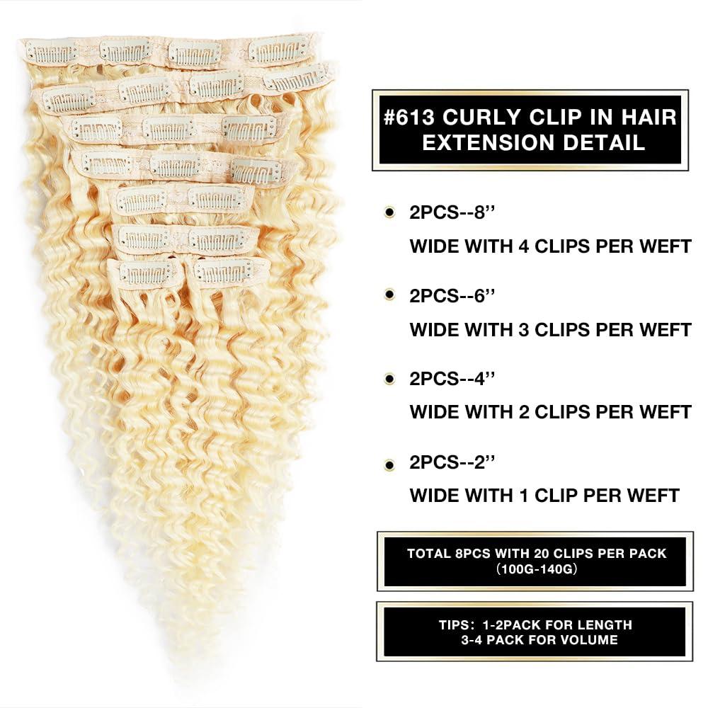 CYIKLI CYIKLI Blonde 24 Inch Curly Clip in Human Hair Extensions 613 Deep Wave Seamless Clip in Hair Extensions Thick Real Human Hair Clip ins Blonde Curly Hair Extensions for Women 100-140g/set