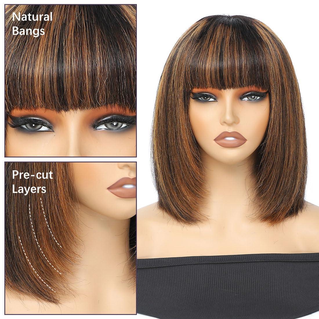 CLIONE Short Bob Wig with Bangs Human Hair 8 Inch Highlight Brown Bob Human Hair Wig with Bangs 2.5x1 HD Lace Bob Wig Ready to Go Glueless Wigs 100% Human Hair Wigs for Black Women Layered Cut 180% Density