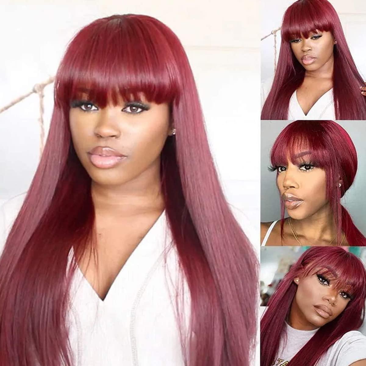 Kislemon Burgundy Wig Human Hair Red Wigs with Bangs Brazilian Virgin Straight Wig with Bangs Full Machine Made None Lace Front Wigs For Black Women 16 Inch