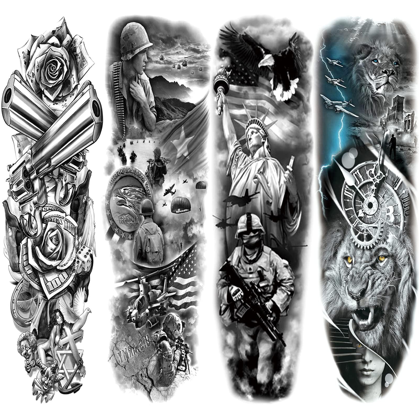 Briyhose Briyhose Military Sleeve Temporary Tattoos For Men Women, Black Full Arm War Soilder Lion Fake Sleeve Tattoo Adult, Long Lasting Large Army Patriotism Temp Tatoo Sticker Leg Body Art Makeup, 4-Sheet