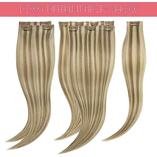 Loxxy Loxxy Glam Seamless Clip in Hair Extensions Double Thin PU Weft 100% Remy Hair Extensions Clip in Human Hair 20Inch Piano Light Brown Mixed With Platinum Blonde #P8/60 110Gram 7PCS Full Head