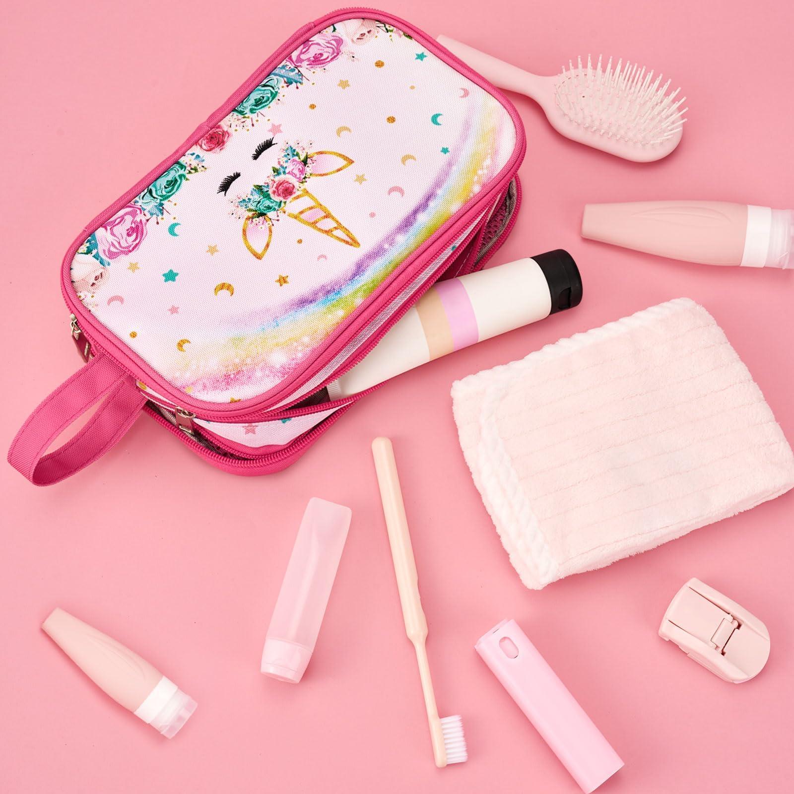 WAWSAM WAWSAM Rainbow Pink Toiletry Bag - Travel Toiletry Bag for Kids Girls Christmas Birthday Gift Camping Toiletry Case Toiletries Makeup Cosmetic Pouch Pink Water-resistant Wash Bag Dopp Kit with Pocket
