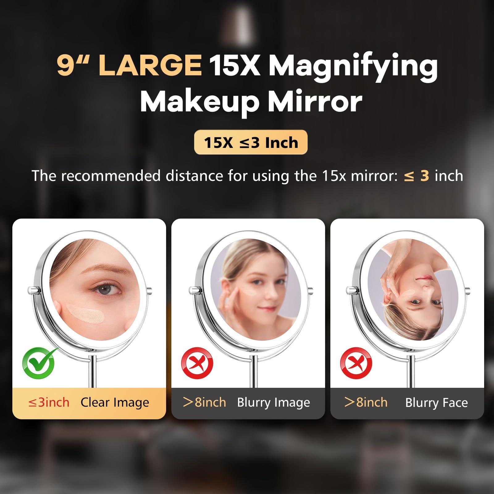 M MIVONDA 15x Magnifying Mirror with Light, Lighted Magnifying Vanity Mirror, 1 Button Contral 3 Color & Brightness Adjustable, 360Rotation Double Side Magnifying Mirror, Gift for Men & Women-Chrome LED