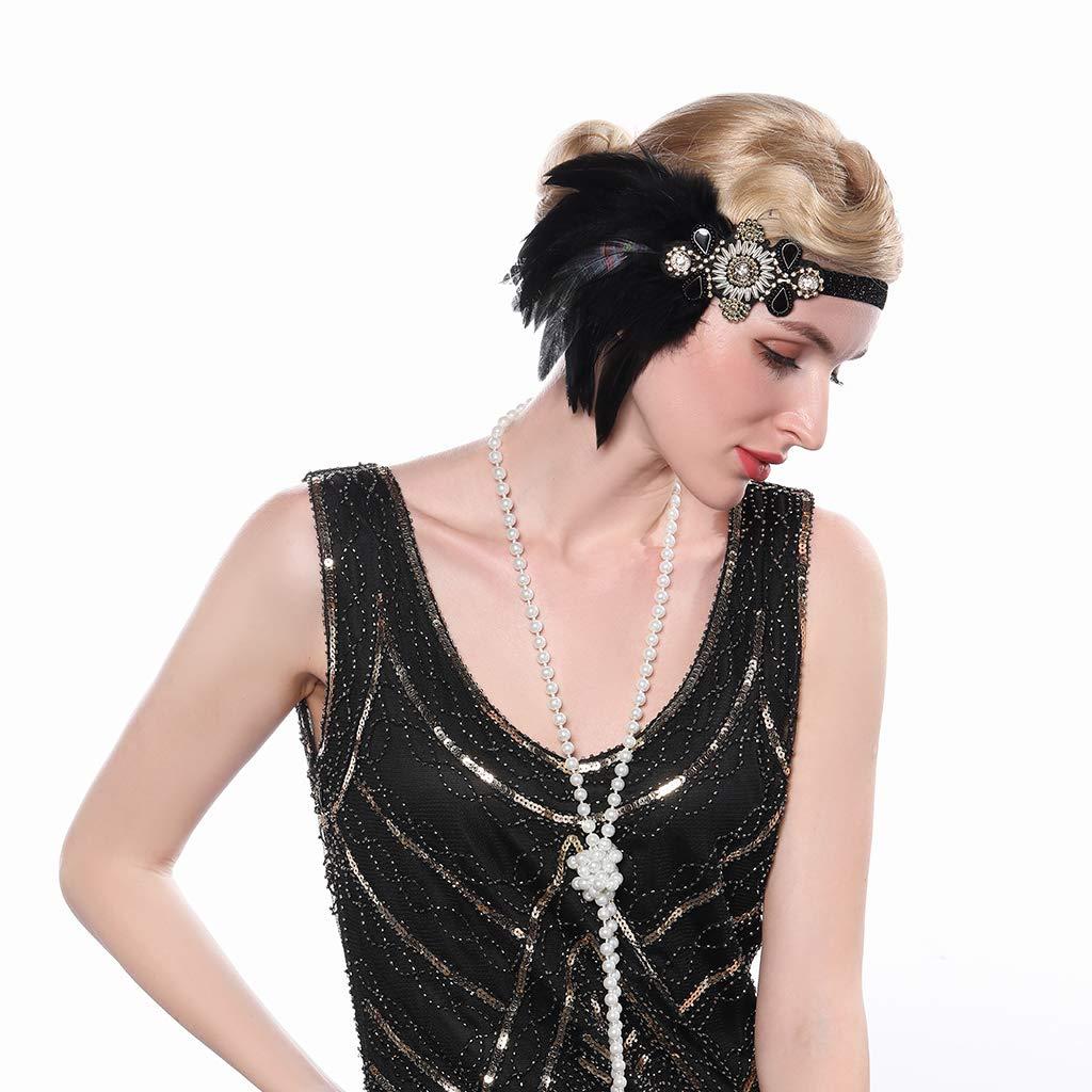 Aimimier Aimimier 1920s Flapper Feather Headband Black Beaded Crystal Headpiece with Elastic Band Costume Hair Accessories for Women