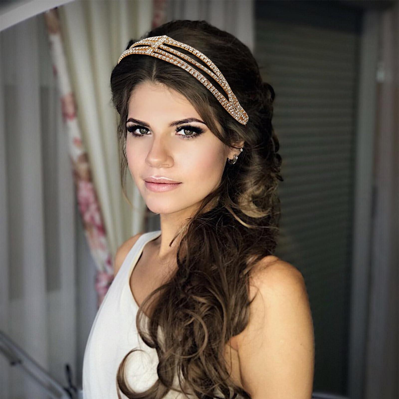 NICENEEDED NICENEEDED 2Pcs Multi Layered Elastic Headband with Rhinestone, Stretchable Gold Silver Headpiece, Bling Crystal Stretchy Jewelry Hair Bands Accessories for Women