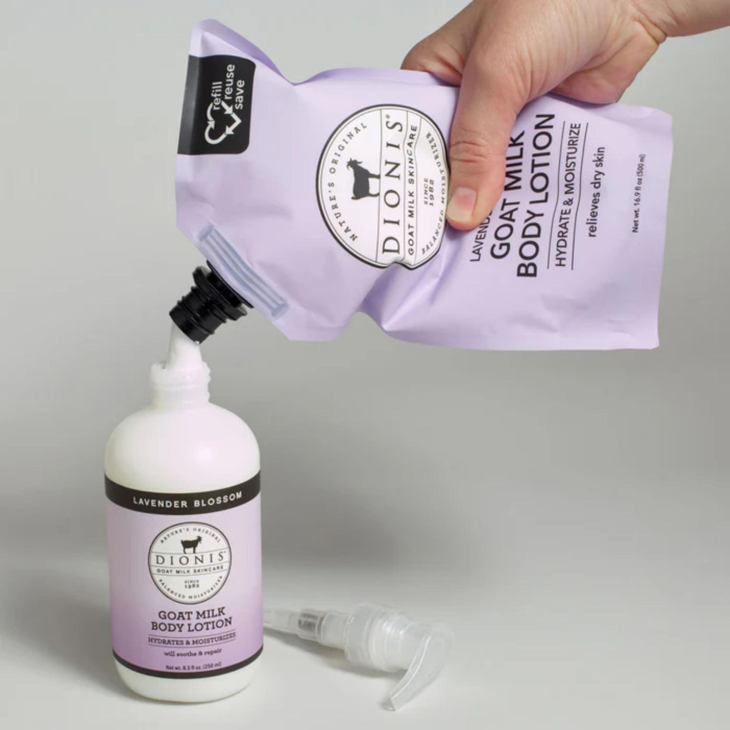 Dionis Dionis Goat Milk Skincare Body Lotion 16.9oz Refill Pouch, Cruelty Free Clean Ingredients & Dermatologist Tested Lotion for Dry Skin, Hydrating & Deeply Moisturizing Rich in Vitamins, Lavender Blossom