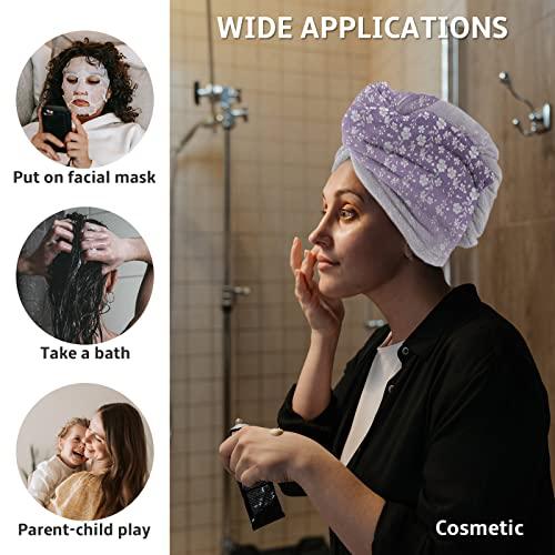 LEOSUCRE LEOSUCRE Microfiber Hair Towel Wrap Ultra Absorbent Hair Cap, Purple Floral Hair Towel with Buttons Hair Drying Towel Turban Bath Hair Wrap for Woman 26x10in Romantic Flower Drape