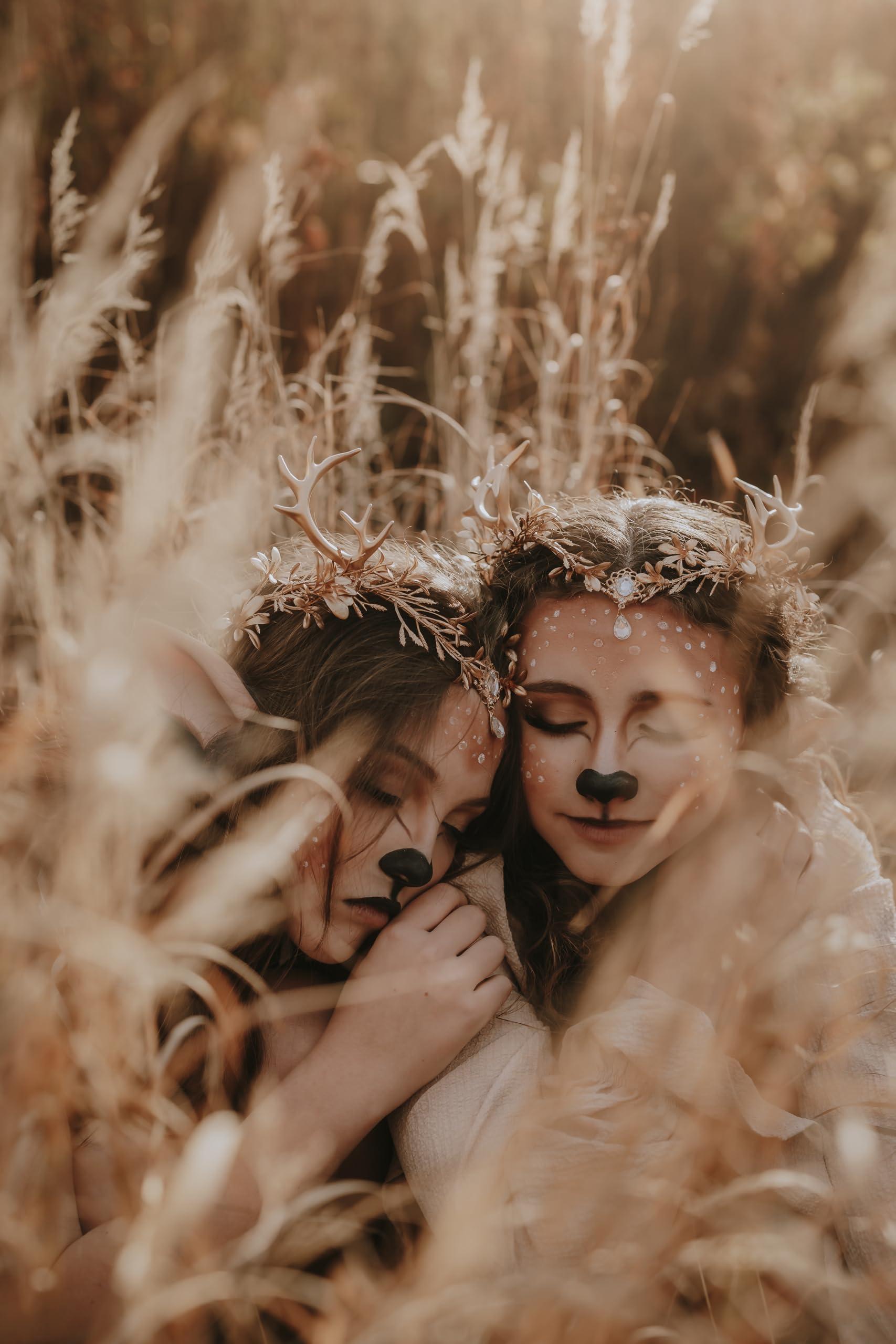 MOSTORY MOSTORY Gold Fairy Antler Crown - Woodland Flower Deer Horns Headpiece Elf Forest Ciecle for Women Renaissance Cosplay Ren Faire Outfit Hallween Costume