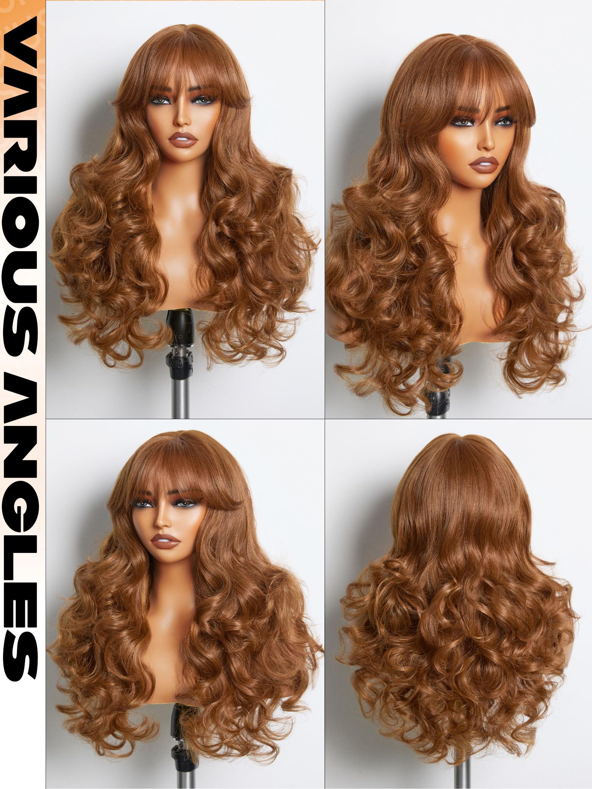 GORGIUS GORGIUS Honey Brown Wig with Bangs, Long Body Wave Fringe Bang Wig, Ready to Go Glueless Wig Upgraded with Style-Archive Premium Fiber