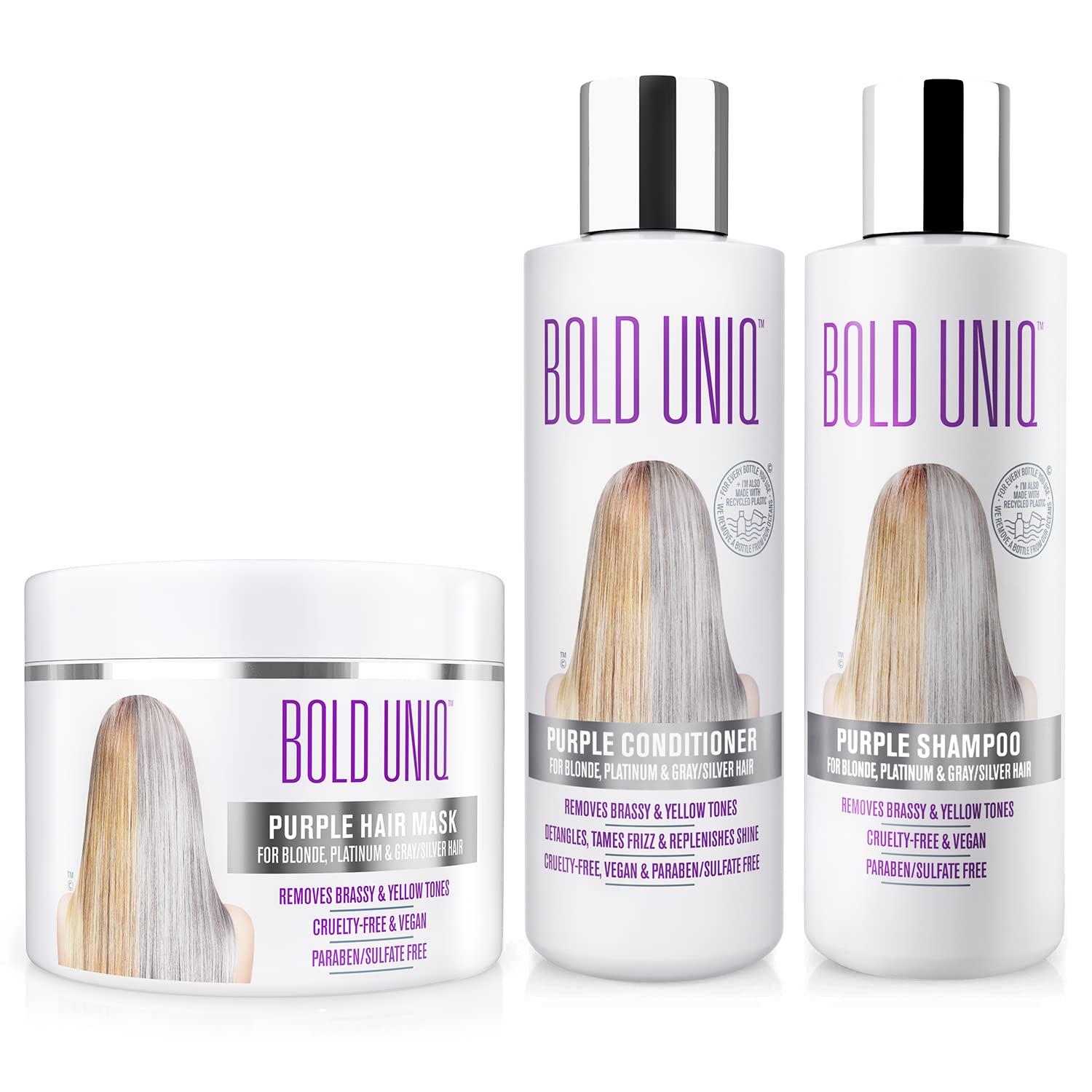 BOLD UNIQ Bold Uniq Purple Shampoo, Conditioner & Mask Bundle. Eliminates Brassy Yellow tones. Lightens Blonde, Platinum, Ash, Silver & Grays. Paraben & Sulfate Free. Vegan & Cruelty Free.