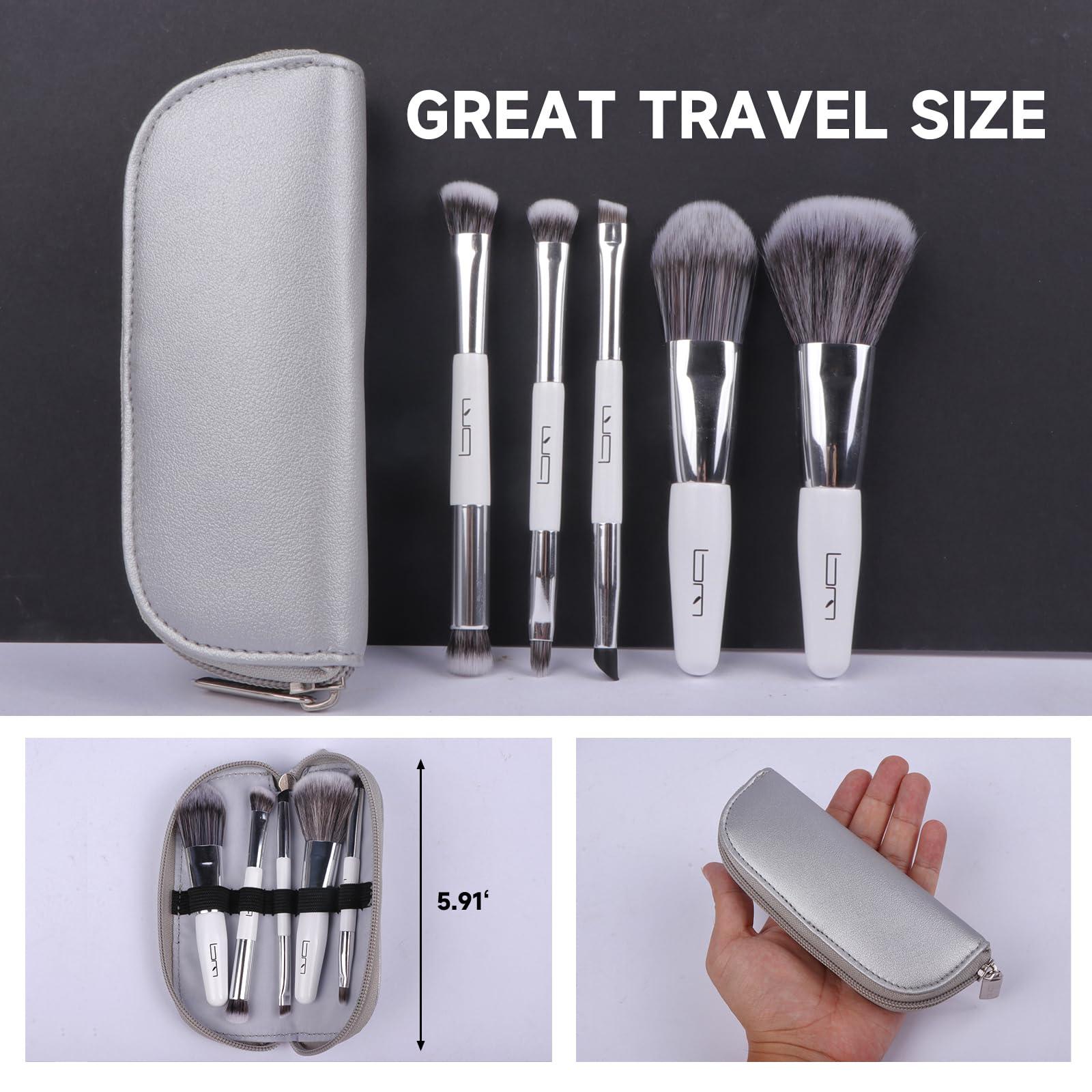 Brush Master Brush Master Travel Makeup Brushes Set w/Pouch, 5PCS Double Ended Portable Mini Cosmetic Brushes Kit for Foundation, Eyeshadow, Lip, Blush Make Up Brushes Professional(White)
