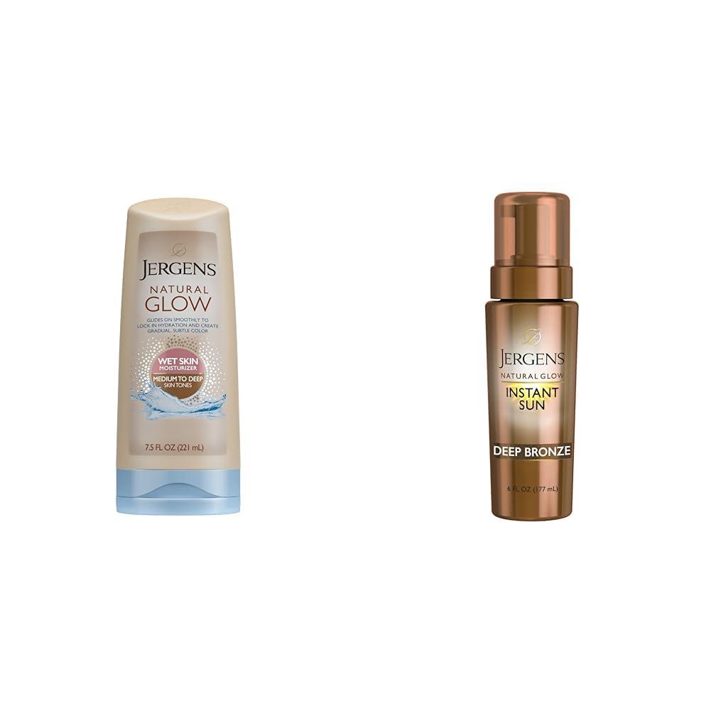 Jergens Jergens Natural Glow In Shower Lotion, Self Tanner for Medium to Deep Skin Tone & Natural Glow Instant Sun Body Mousse, Self Tanner for Deep Bronze Tan, Sunless Tanning Body Bronzer