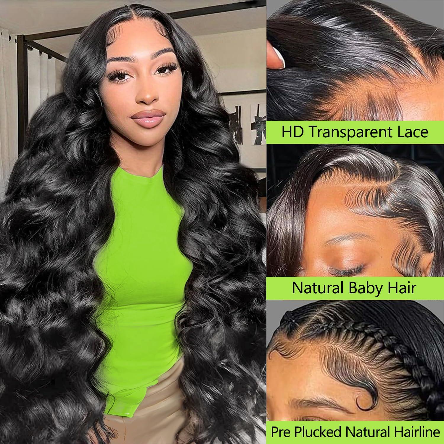 Falote 26 Inch Body Wave Lace Front Wigs Human Hair Pre Plucked 13x4 HD Transparent Lace Frontal Wigs Human Hair 180% Density Glueless Brazilian Virgin Human Hair Wig for Women With Baby Hair Natural Black