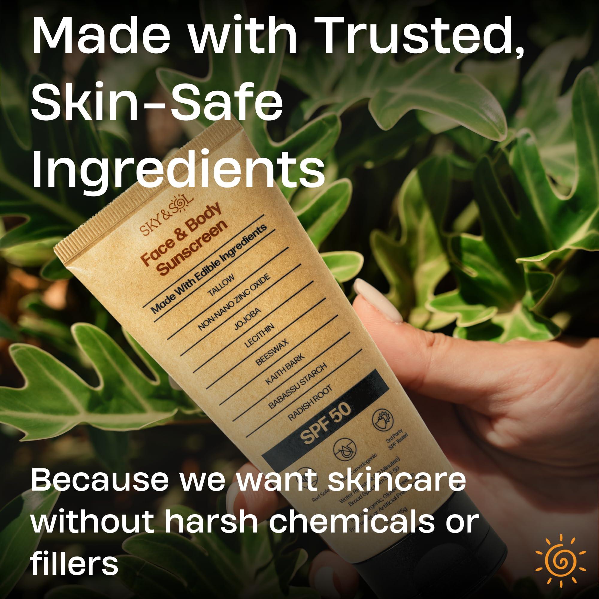 Sky and Sol Sky and Sol Non-Toxic Natural Mineral Sunscreen SPF 50 | Safest Organic Natural Tallow & Zinc Oxide Sunblock | Reef Safe, Clean Non-Greasy Formula for Face and Body | Women and Men. 3 oz (85 g)