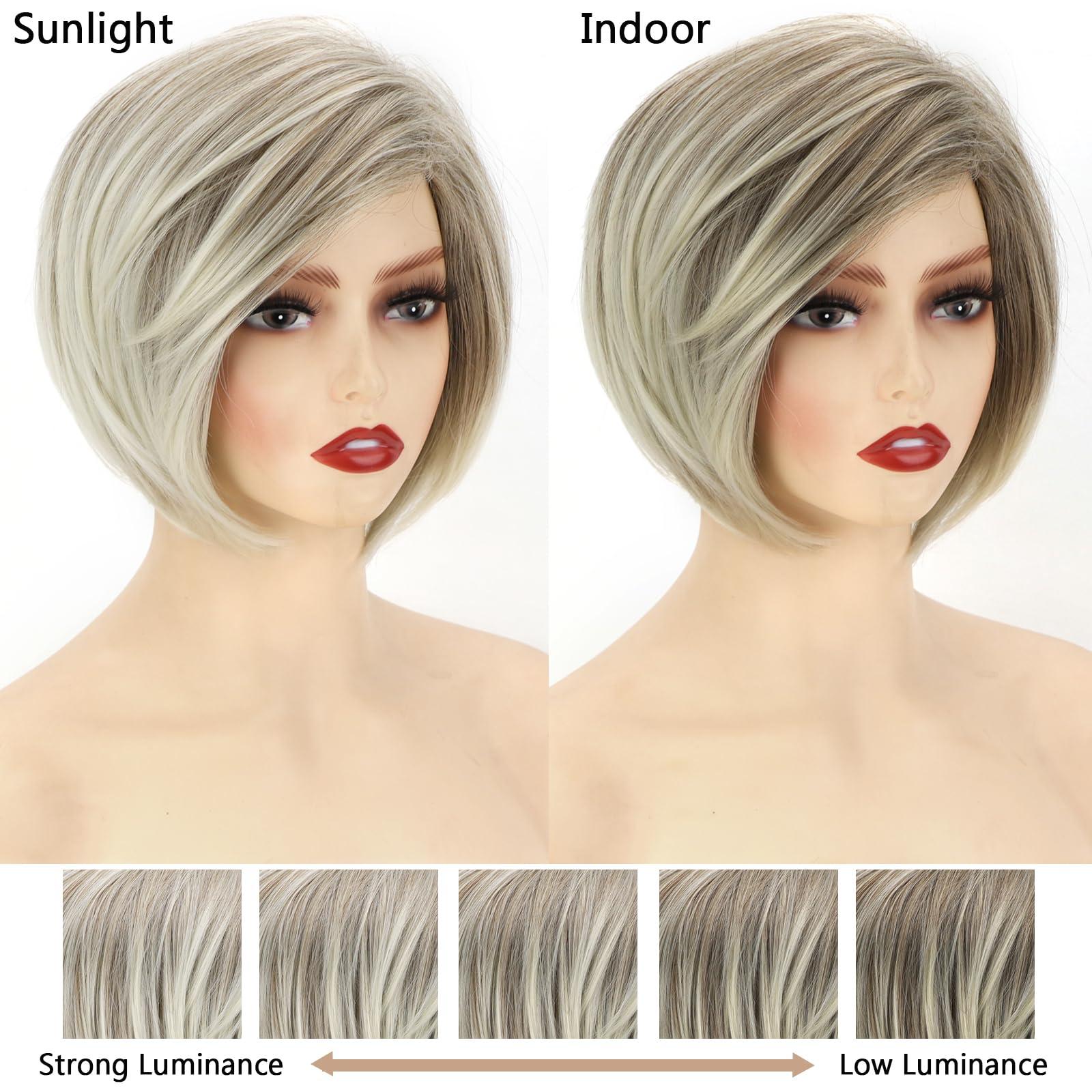 TISHINING TISHINING Layered Short Blonde Bob Wigs for White Women Chin Length Ash Blonde Side Part Pixie Bob Wig Straight Hair Synthetic Natural Looking Daily Party Wig Inverted Bob Wig