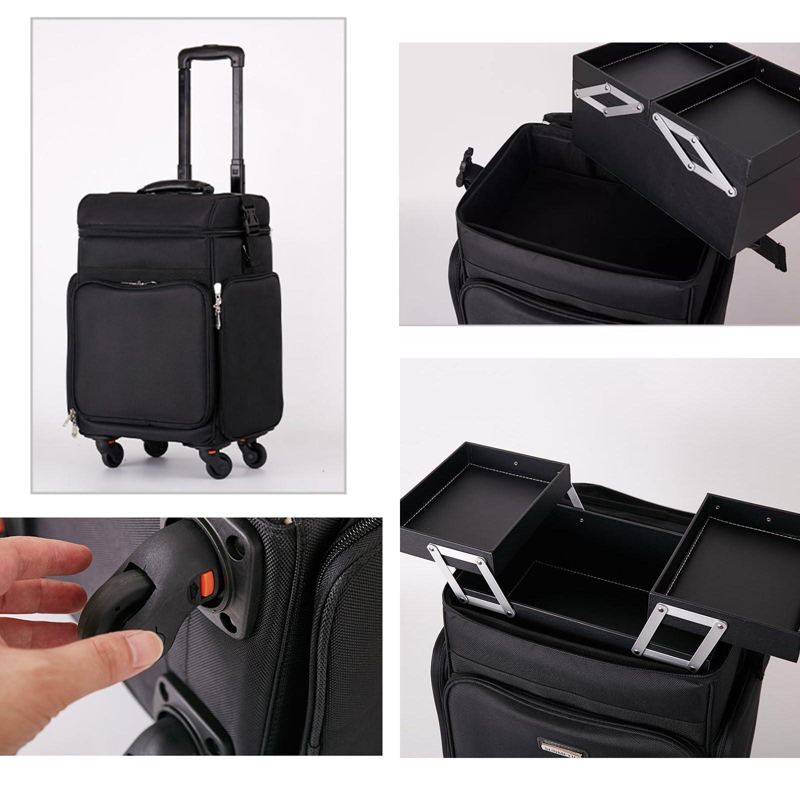 HJXGQJM HJXGQJM Oxford Cloth Rolling Makeup Case With Wheels Travel Cosmetic Cases Detachable Professional Rolling Trolley Makeup Travel Case Oxford Vanity Portable Makeup Artist Organizer Box Black