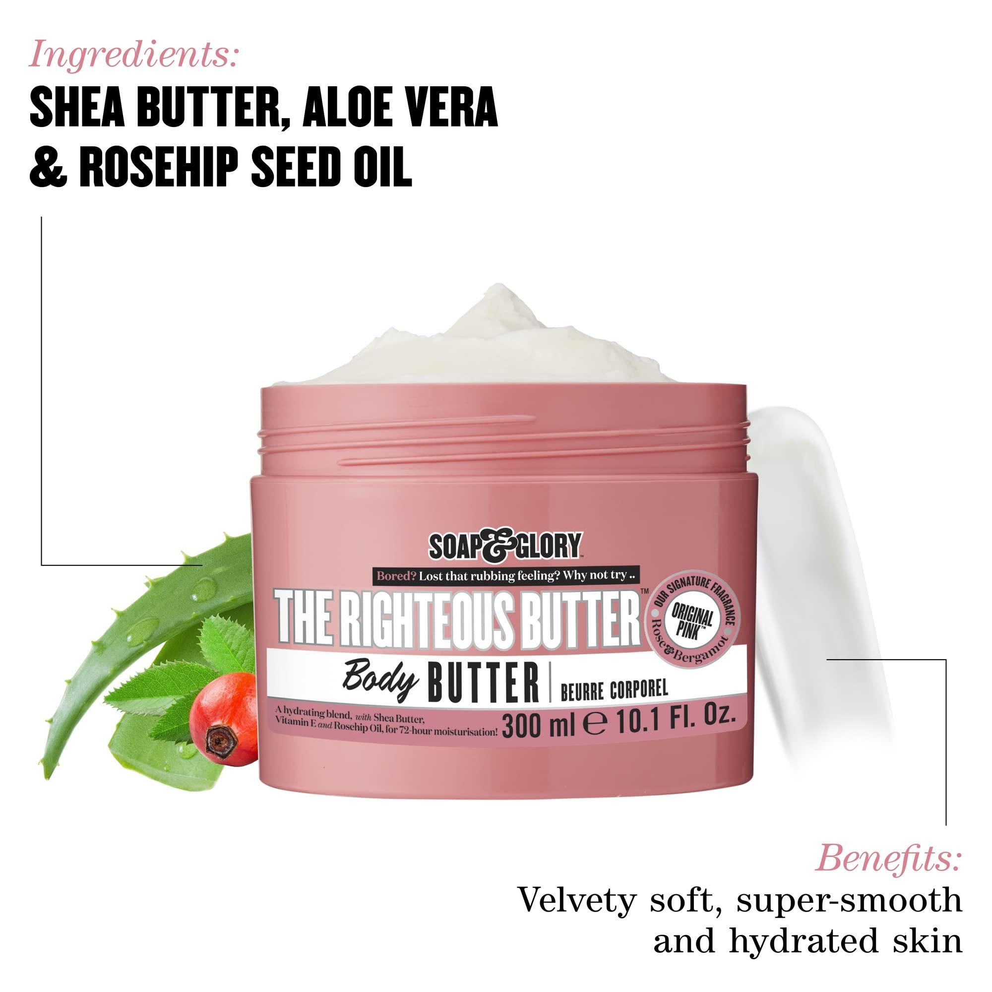 Soap & Glory Soap & Glory The Righteous Moisturizing Body Butter - Hydrating Vegan Body Moisturizer for Dry Skin with Shea Butter, Vitamin E & Rosehip Seed Oil - Rich Cream for Women & Men (300ml, 2 pack)