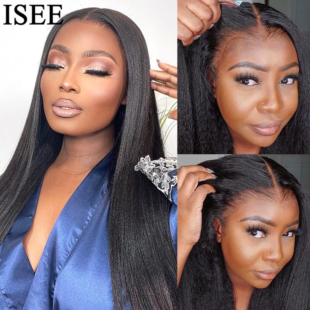 ISEE ISEE HAIR Lace Front Wigs Human Hair Kinky Straight Wear & Go Glueless Wigs Natural Hairline Pre Cut HD Lace Closure Wig Beginner Friendly 180% Density 20 Inch