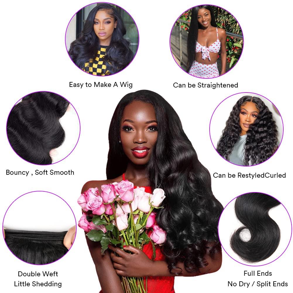 Yifute Human Hair Bundles Body Wave 4 Bundles (22 20 18 16 inches) 100% Brazilian Unprocessed Body Wavy Bundles Human Hair 10A Natural Black Weave Hair Extensions for Women