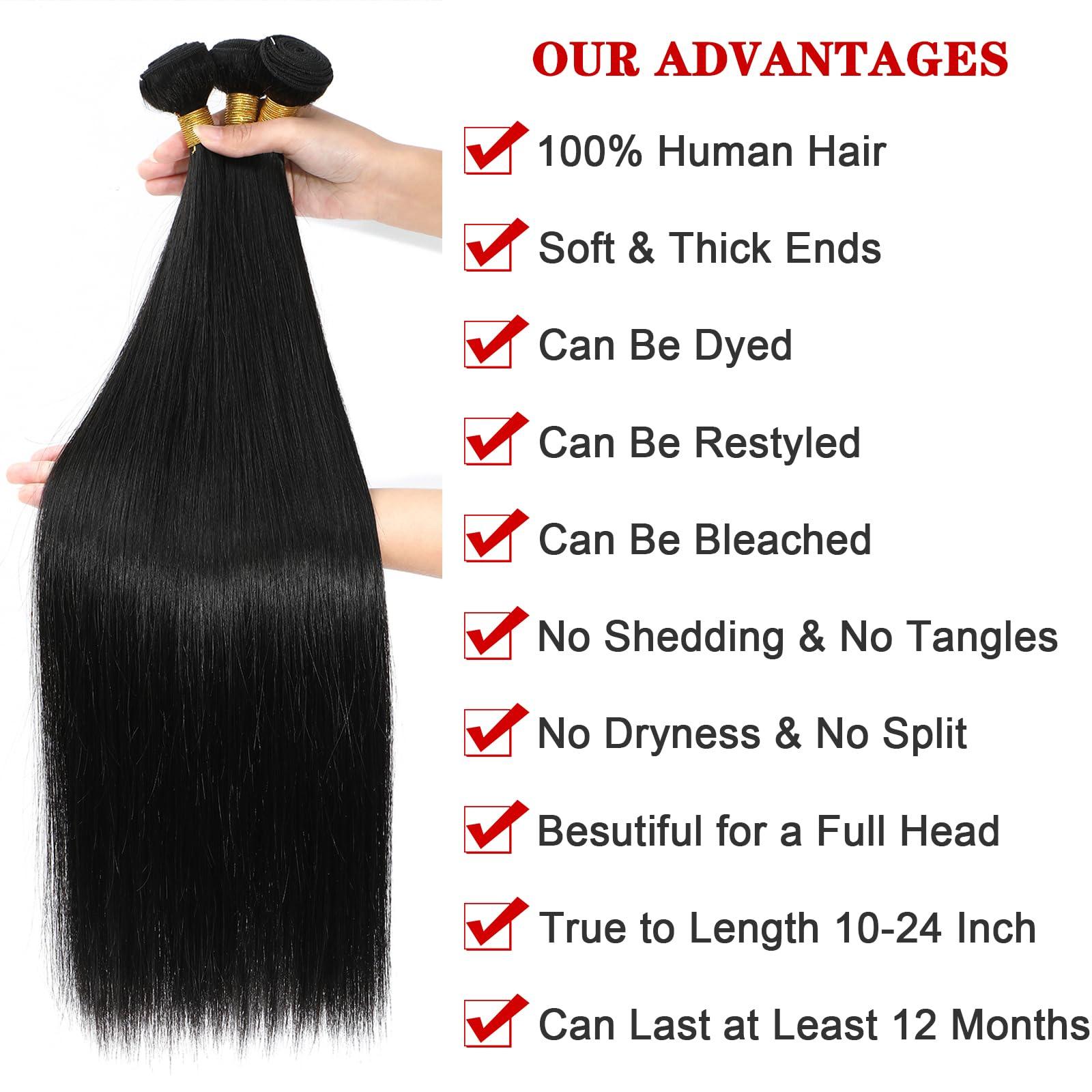 NROOEAY Straight Bundles Human Hair 12 Inch Single Bundle Human Hair 100% Unprocessed Brazilian Virgin Weave Human Hair Bundles Natural Black Color