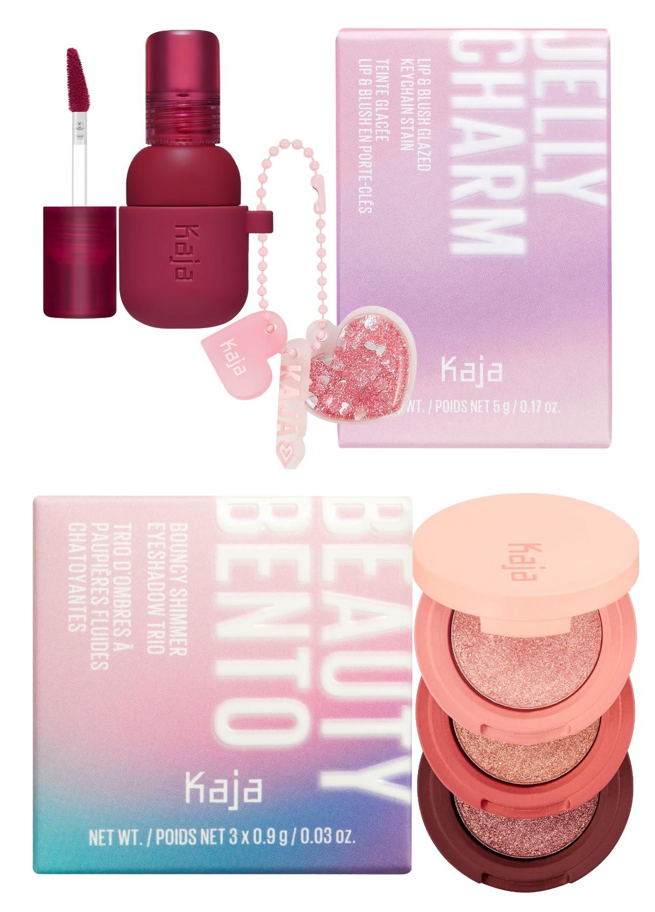 Kaja Kaja Lip & Blush Glazed Keychain Stain - Jelly Charm 01 Cherry Spritz + Beauty Bento Collection - Bouncy Eyeshadow Trio 02 Orange Blossom, 0.03 Oz Bundle