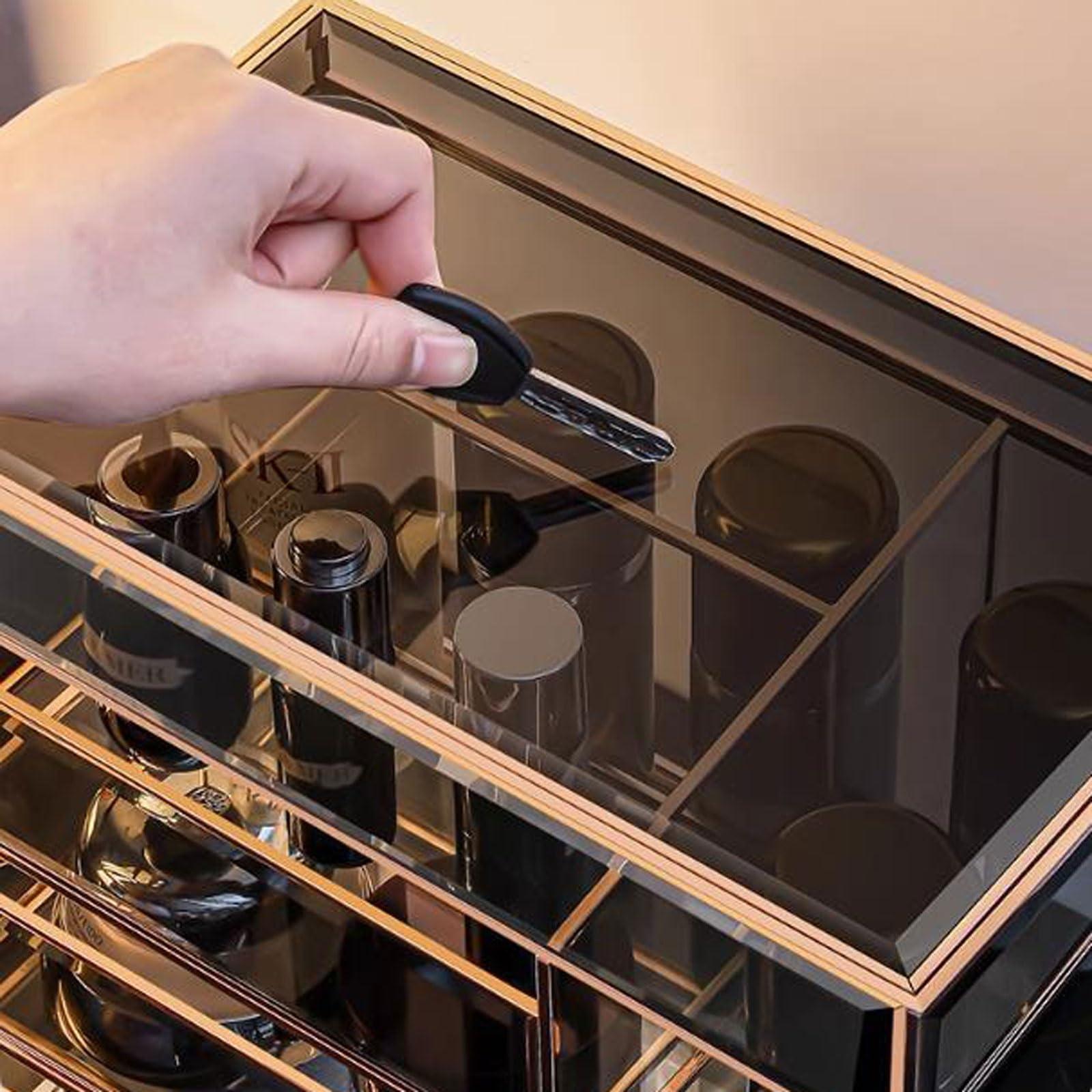 WAOCEO Makeup Organiser Storage Large Capacity Glass Makeup Organizer Storage Box, Luxury Make Up Case Dustproof Cosmetic Storage Display Box, Skin Care Products Jewelry Organizer Finishing Box Bathroom Desk