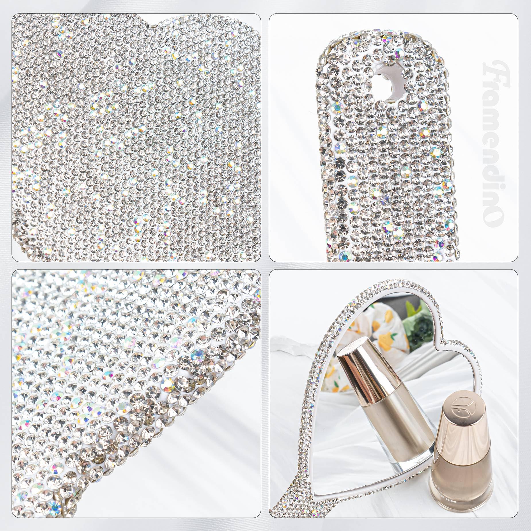 Framendino Framendino, 1 Pack Large Bling Handheld Mirror Heart Rhinestone Glitter Cosmetic Dazzling Portable Hand Mirrors with Handle for Women Wedding White Silver