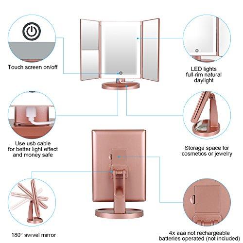 deweisn deweisn Nature Daylight 36 LEDs Tri-Fold Lighted Vanity Makeup Mirror with Touch Screen Dimming and 3X/2X/1X Magnification Makeup Mirror, 180 Degree Free Rotation, Countertop Cosmetic Mirror