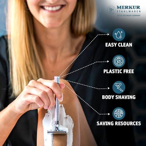MERKUR MERKUR 24C Safety Razor For Women with 10 Double Edge Blades | Extra Long Handle | Three-piece Razor | Straight Cut | Bright Chrome Finish | Made in Germany