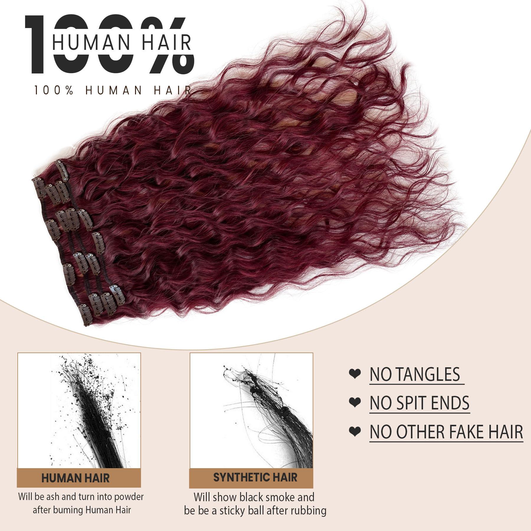 Blonlier Burgundy Clip in Hair Extensions, Clip in Hair Extensions Human Hair 70G 7PCS Long Wavy Curly Clip in Hair Extensions for Women 18 Inch Long Remy Real Hair Hairpieces for Daily Party Use