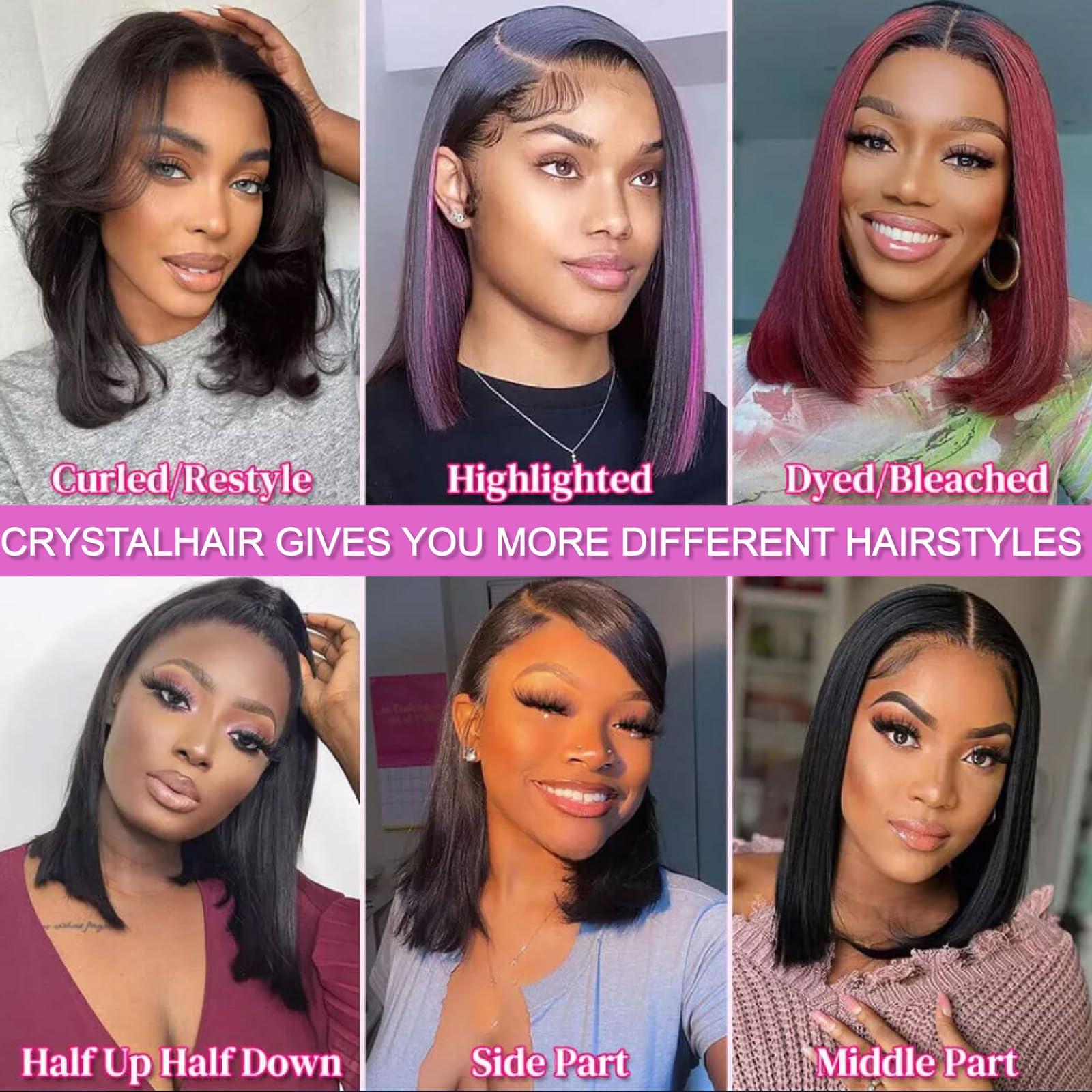 CRYSTALHAIR 10 inch Straight Bob Wig Human Hair, Lace Glueless Front Wigs Human Hair,Highlight Human Hair Bob Wig,Pre Plucked 13x4 HD Lace Front Wigs Human Hair 180% Density Natural Black Wig Human Hair