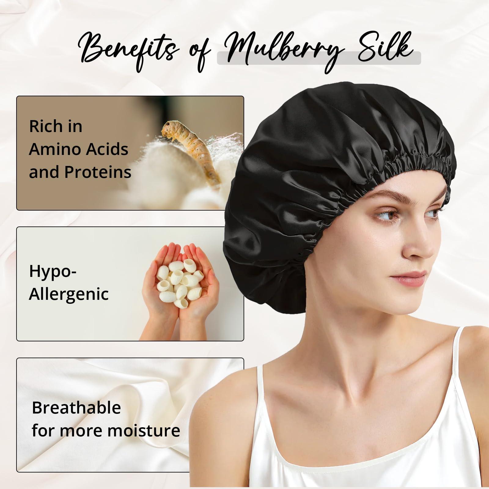 WIGI WIGI 100% Mulberry Silk Bonnet with Scrunchie Gift for Women, Silk Bonnet for Sleeping, Shower Cap Hair Bonnet, Silk Hair Wrap for Hair Care (100% Mulberry Silk (Round design), Black)