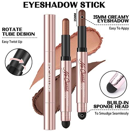 FOCALLURE FOCALLURE 2PCS No Crease Eyeshadow Stick,Shimmer and Matte Cream Eyeshadow Pencil Crayon,Long Lasting Waterproof Eye Brightener Stick With Blending Brush,Alloy Steel