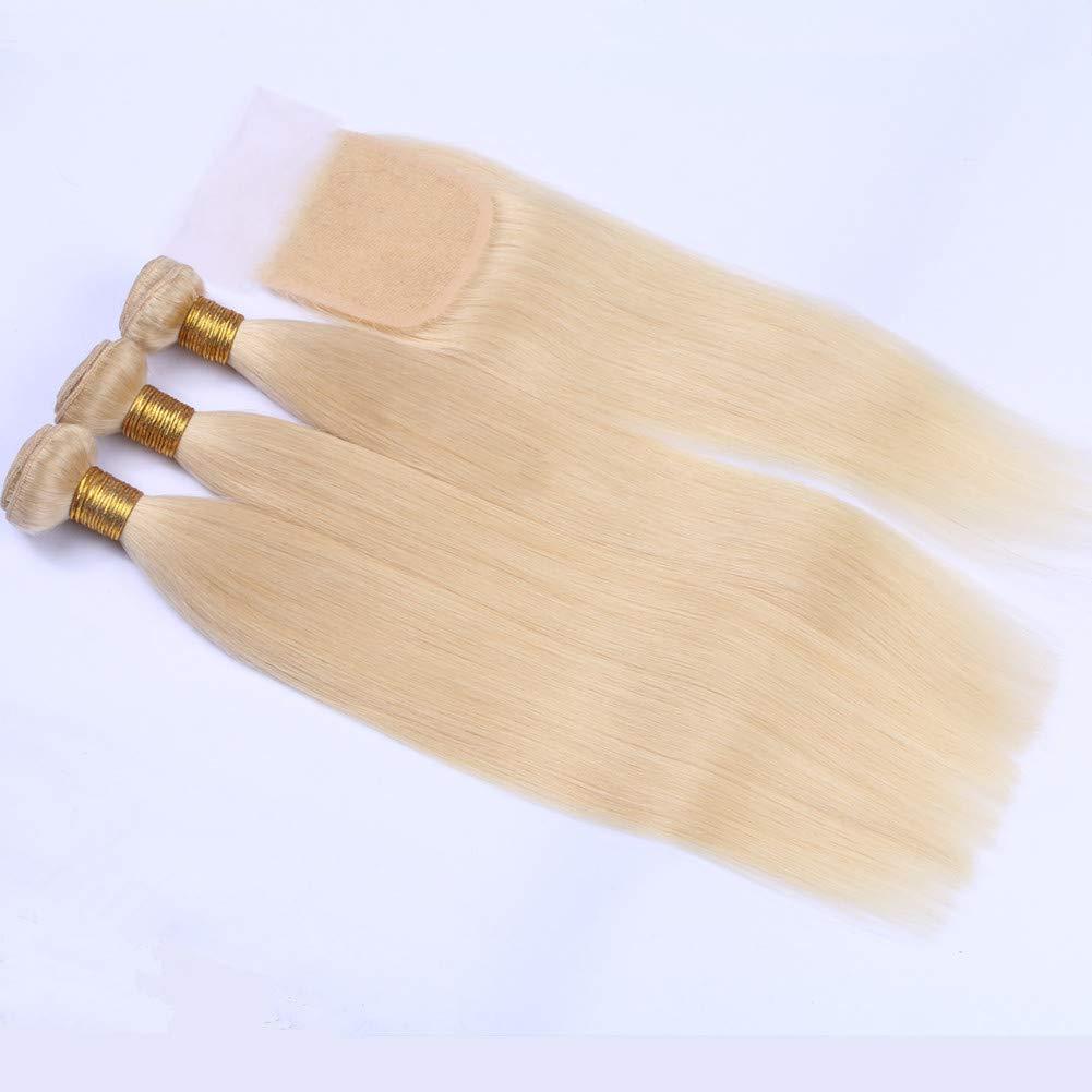 Tony beauty hair Tony Beauty Hair #613 Blonde Straight Human Hair 3 Bundles with Closure Bleach Blonde Brazilian Hair Weave Wefts with Closure Silky Straight Hair Bundles with 4x4 Lace Closure (18 20 22+16)