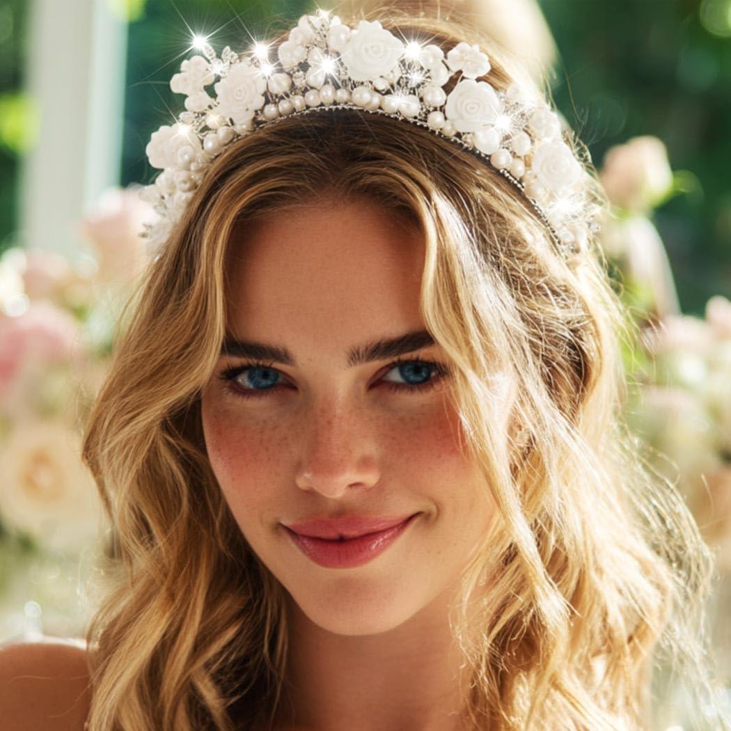CAKURE CAKURE Flower Wedding Headband Silver Bridal Hair Band Pearl Floral Headpiece Wedding Hair Accessories for Women