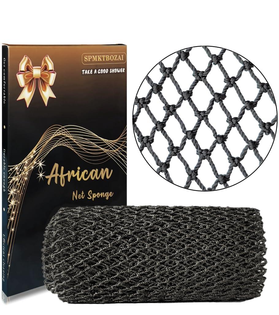 SPMKTBOZAI SPMKTBOZAI African Net Sponge Authentic, African Exfoliating Sponge Real African Net Black Owned, African Bath Sponge Back Scrubber, Body Exfoliator Shower Bath Accessories (Black)